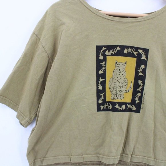 Vintage Artworks Limited Edition Cropped Shirt Women Brown Cat Art Graphic M 90s - Picture 3 of 10